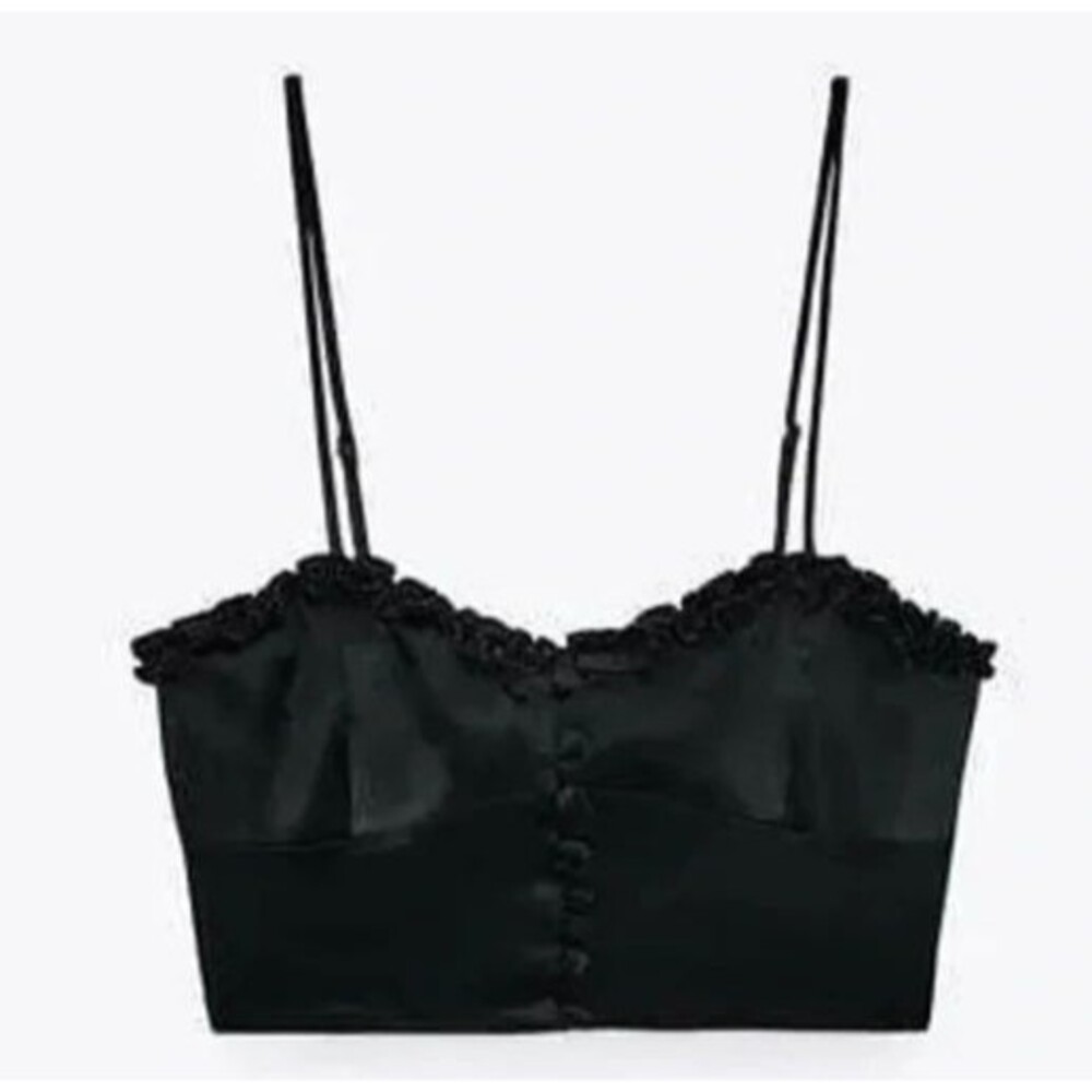 Zara XL Bustier Cami Tank Top Black Satin Cropped Button Front Smocked Ruffled